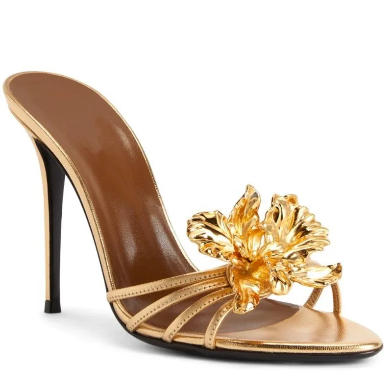 2025 Summer New Metal Flower Strap Sandals, Slippers, Women's Thin Heels, Sexy socialite High Heels, Half Dragged Women