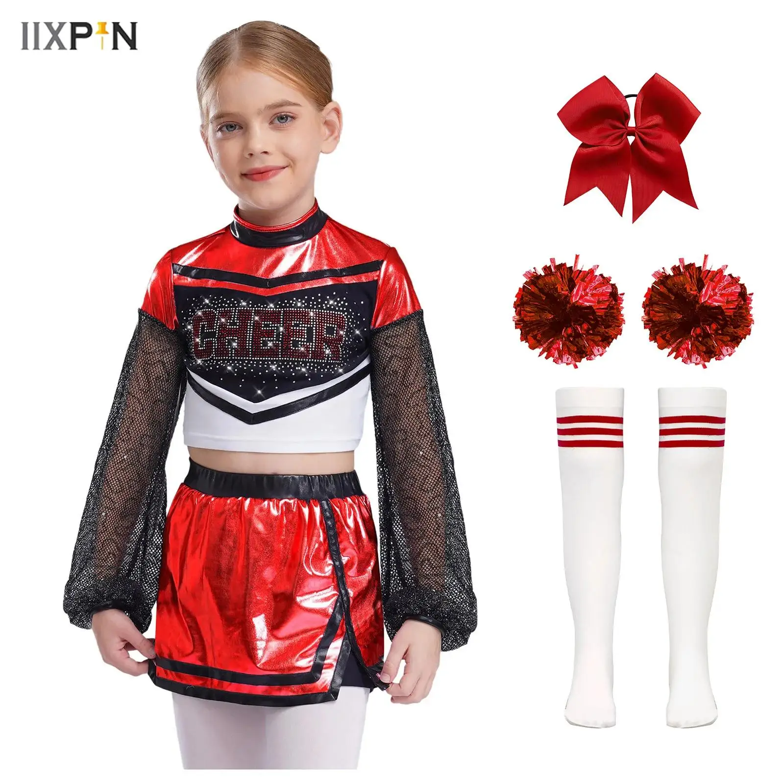 

Kids Girls Cheerleading Uniform Hollow Out Mesh Long Sleeves Rhinestone Letters Crop Top+Skirt+Headwear+Flower Balls+Socks 5Pcs