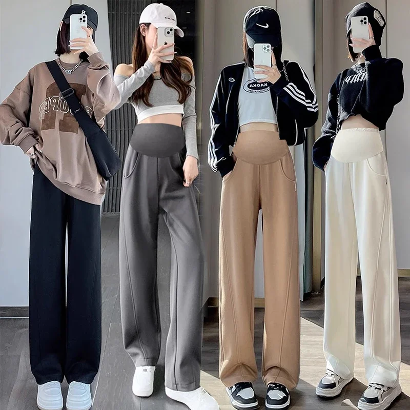 Autumn Maternity Casual Trousers High Waist Striped Patchwork Floor-length Pregnant Woman Wide Leg Pants Loose Pregnancy Clothes