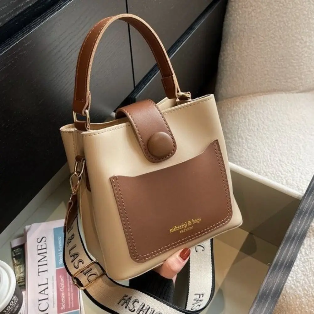 Letter PU Leather Crossbody Bag Patchwork Large Capcity Bucket Shoulder Bag Makeup Lipstick Bag Storage Bag Ins Square Tote Bag