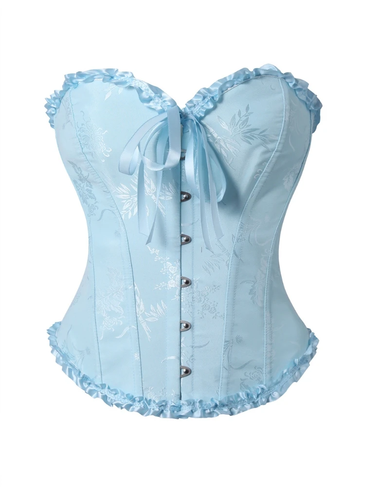 Damen Vintage Jacquard Korsett-Top, trägerlos, mit Rüschen vorne, Busk-Rücken, Schnürung, 20 Farben, für Feiertage, Partys und Abendgarderobe – Detail 3