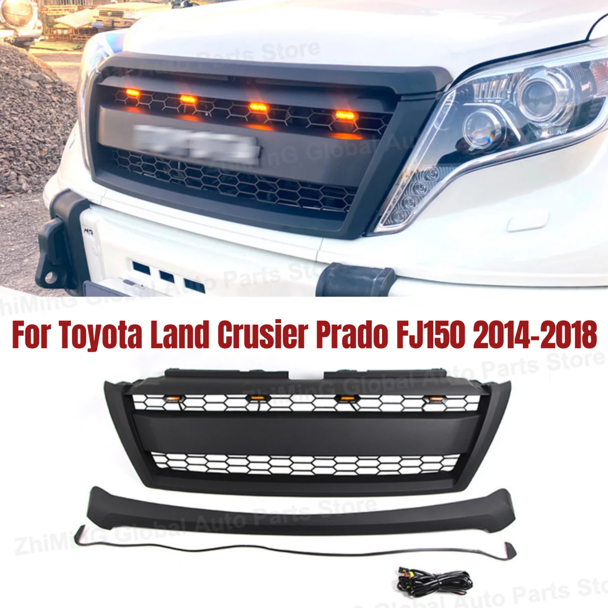 Good Quality ABS Front Middle Grill Racing Grills With LED Lights Fit For Toyota Land Crusier Prado FJ150 2014-2018