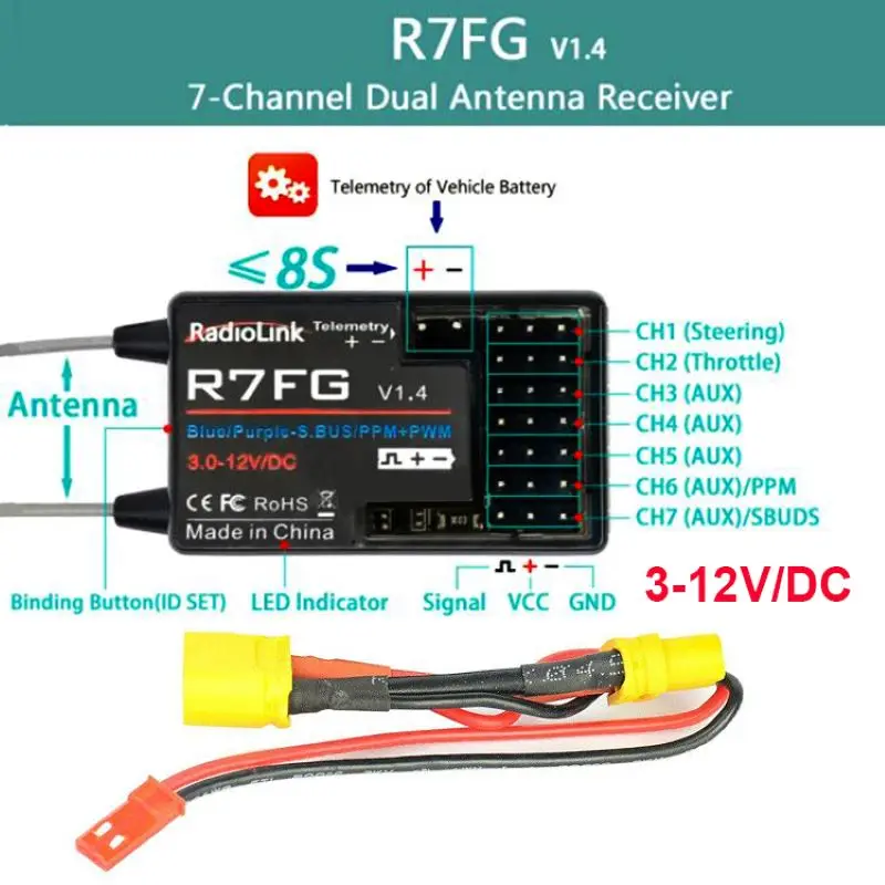 

Приемник двухдиапазонной антенны RadioLink R7FG, 2,4 ГГц, 7 каналов, встроенный гироскоп высокого напряжения для радиоуправляемого передатчика Radiolinks RC6GS