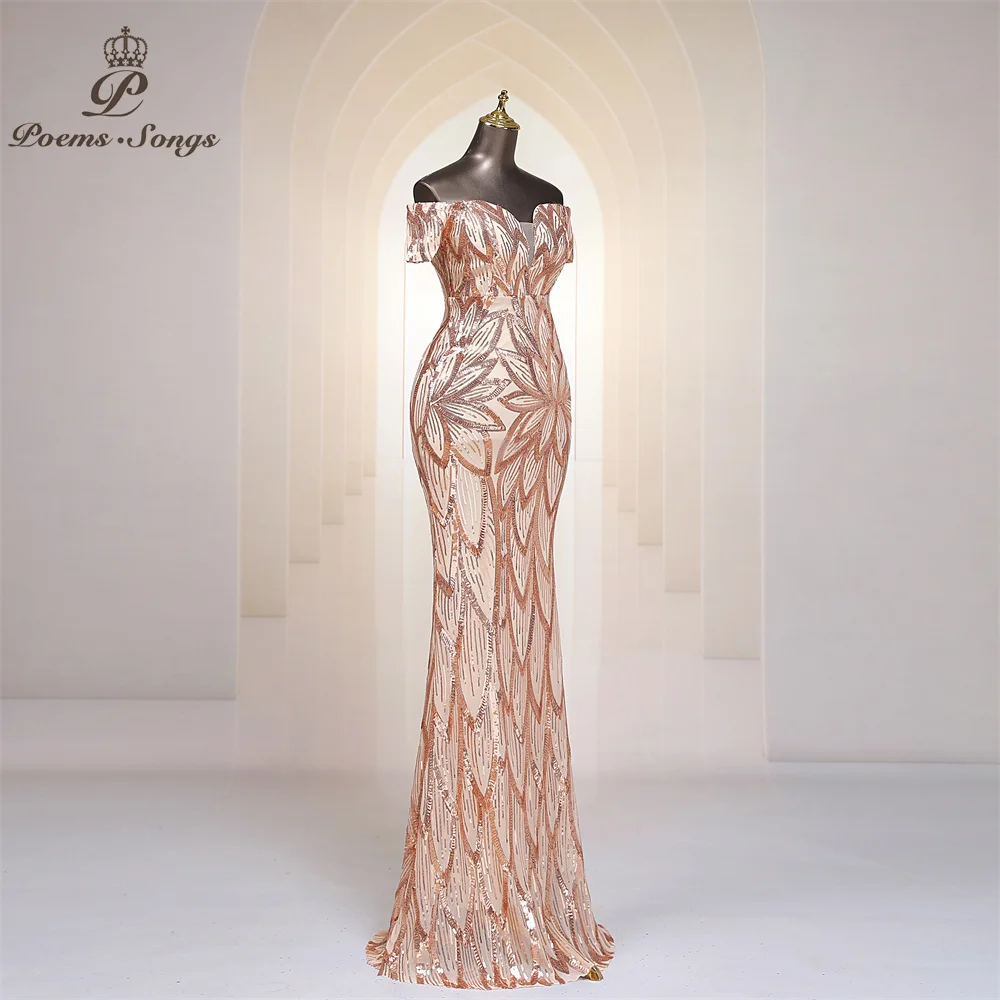 Gold Sequins Trumpet Long Evening Dress Off Shoulder Women Mermaid Floor Length Maxi Dress Long Prom Dresses Formal Party Gown