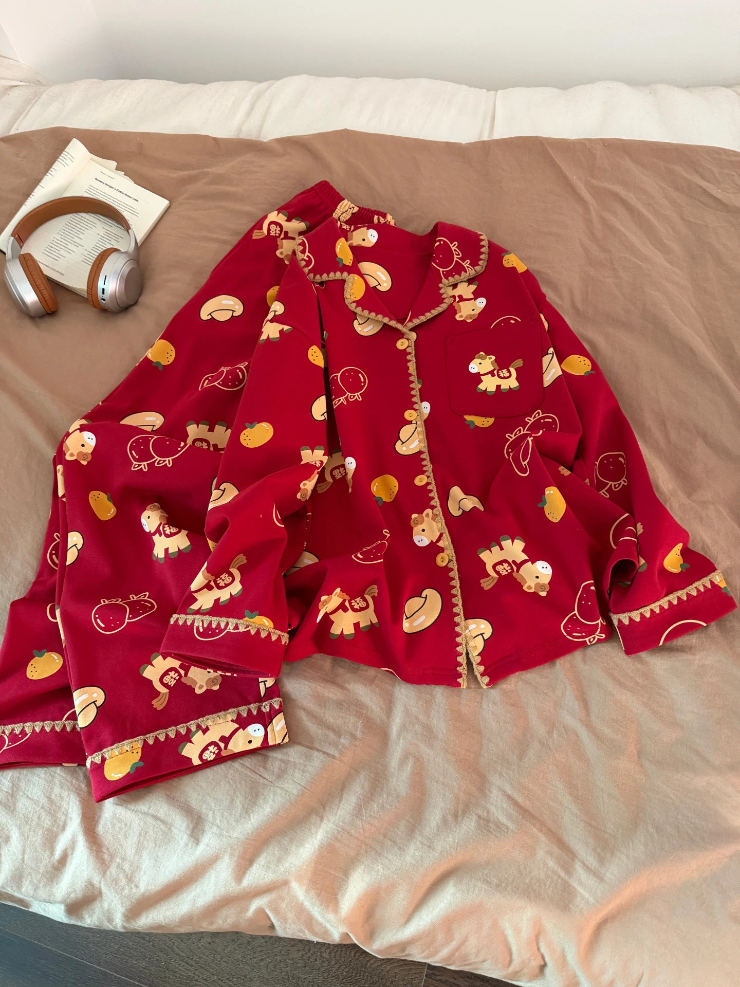 純綿長袖パジャマ女性の春秋大きいサイズホーム服セット赤幸運の衣装ホーム快適なスーツ