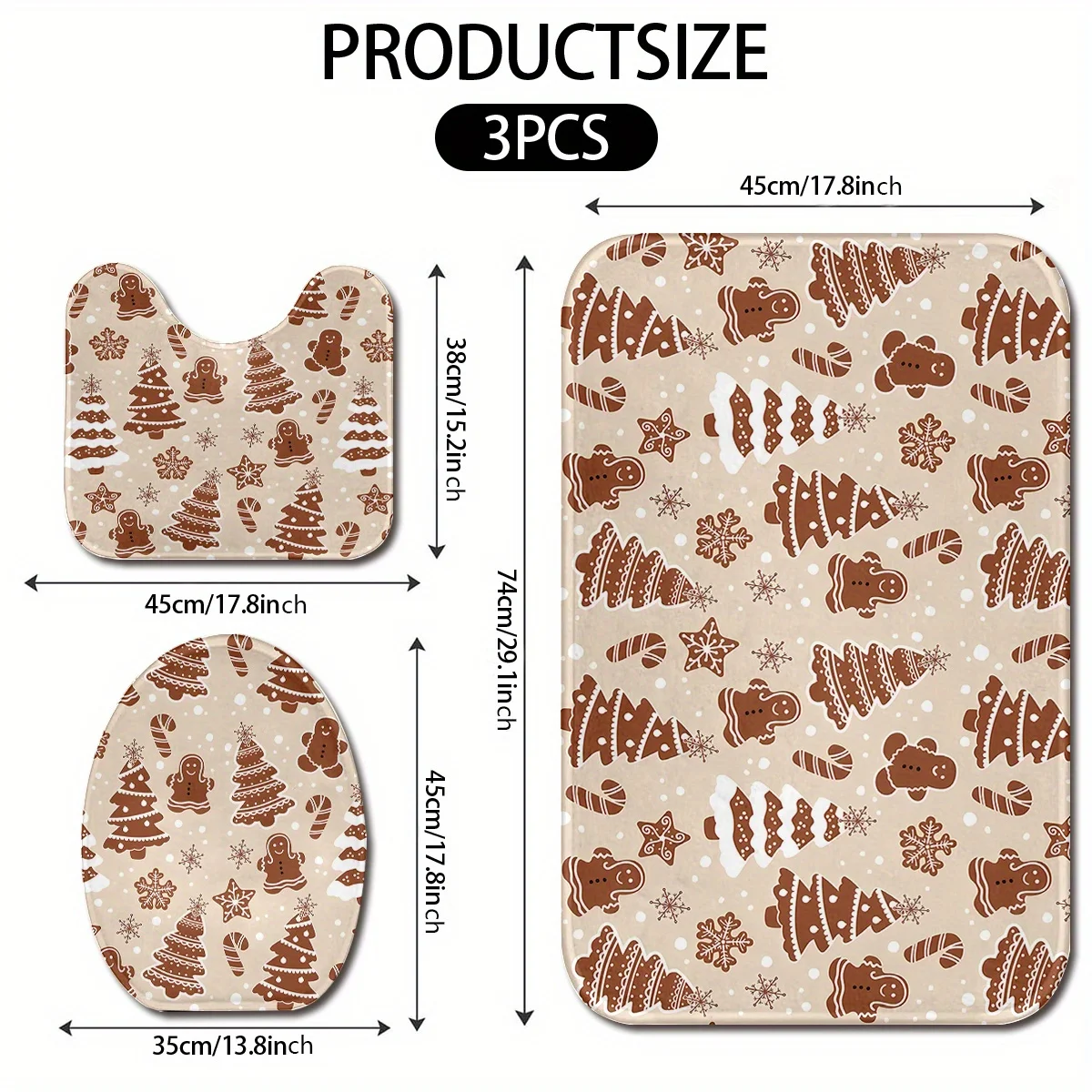 3‑Pieces Christmas Tree, Gingerbread Man & Snowflake Bathroom Mat Set, Decor Rug Kit With Toilet Lid Cover & U‑Shaped Mat