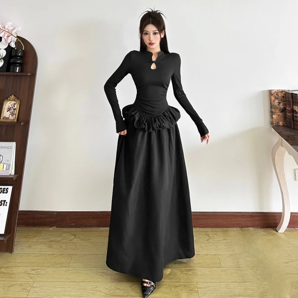 فساتين طويلة أنيقة مكشكشة من SylCue للسيدات للخريف بياقة واقفة وأكمام طويلة وكشكشة تصميم يومي غير رسمي على الموضة