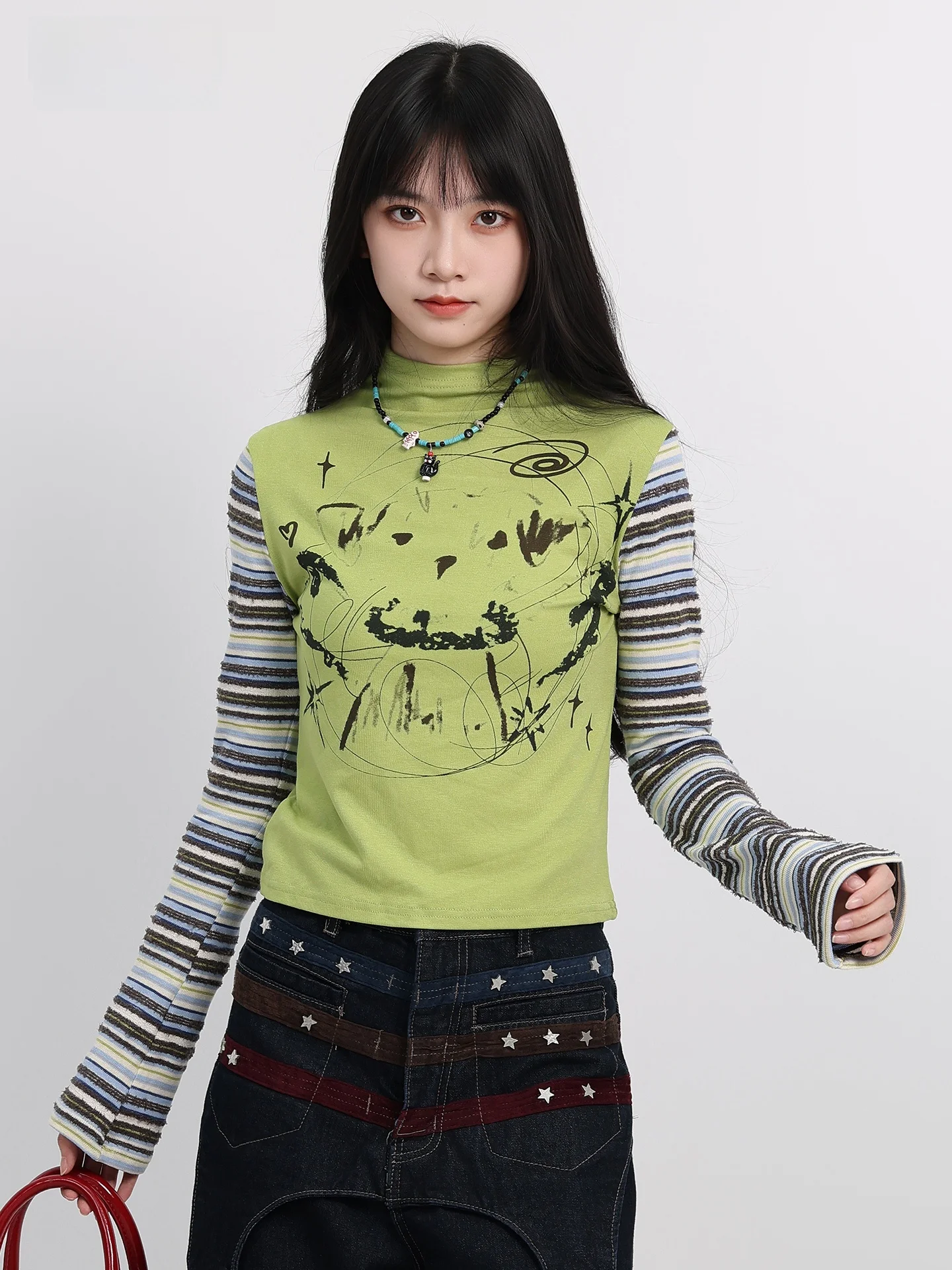 American Style Long Sleeve T-Shirt Women Early Autumn New Design Sense Striped Correct Shoulder Slimming Top High Collar