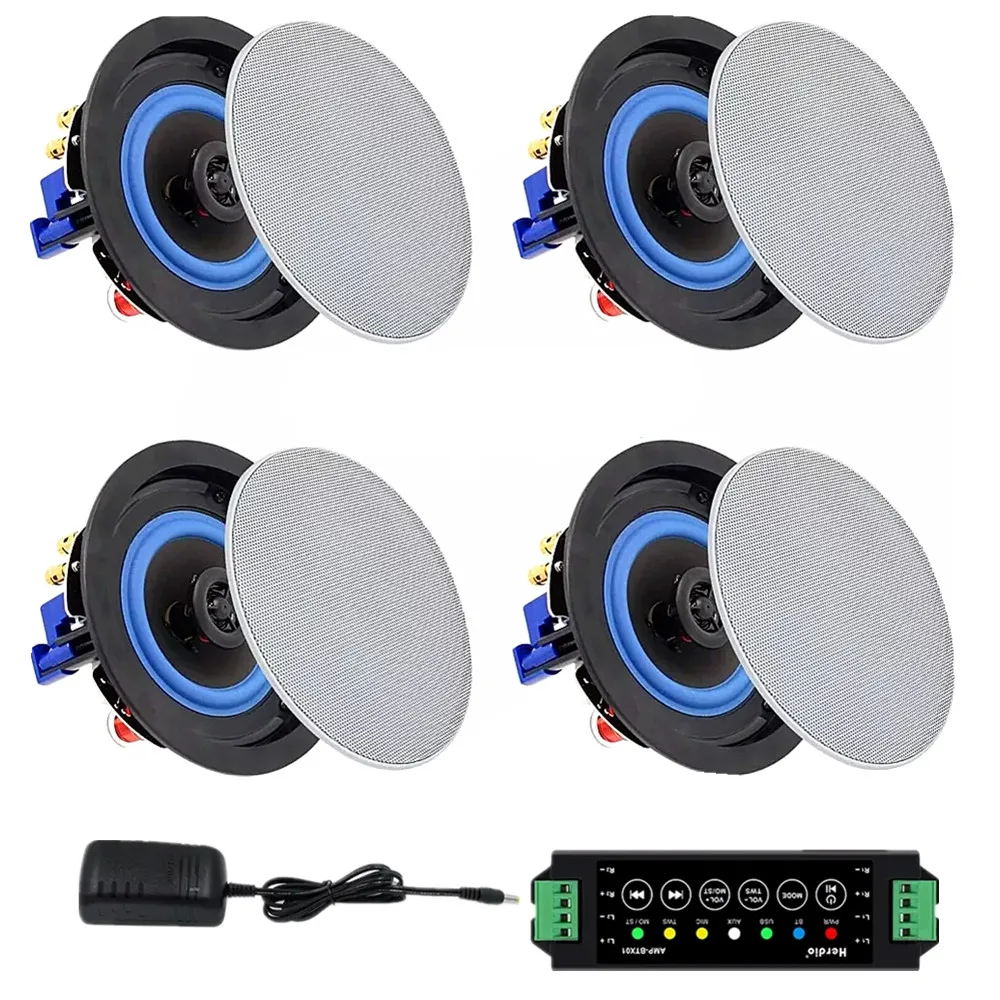 Herdio 4PCS 4'' 320 Watts 2-Way Bluetooth Ceiling Speakers Package Perfect For Bathroom Theater System Living Room Office White