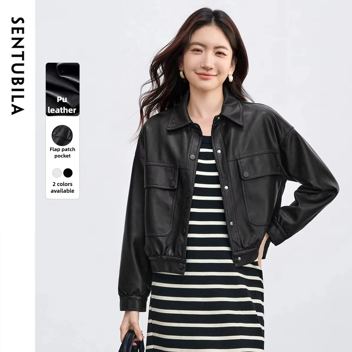 SENTUBILA  PU Leather Jacket Women's Autumn Temperament Short Coats Loose Fit Dropped Shoulder Outwear Female Clothing W53GA3041