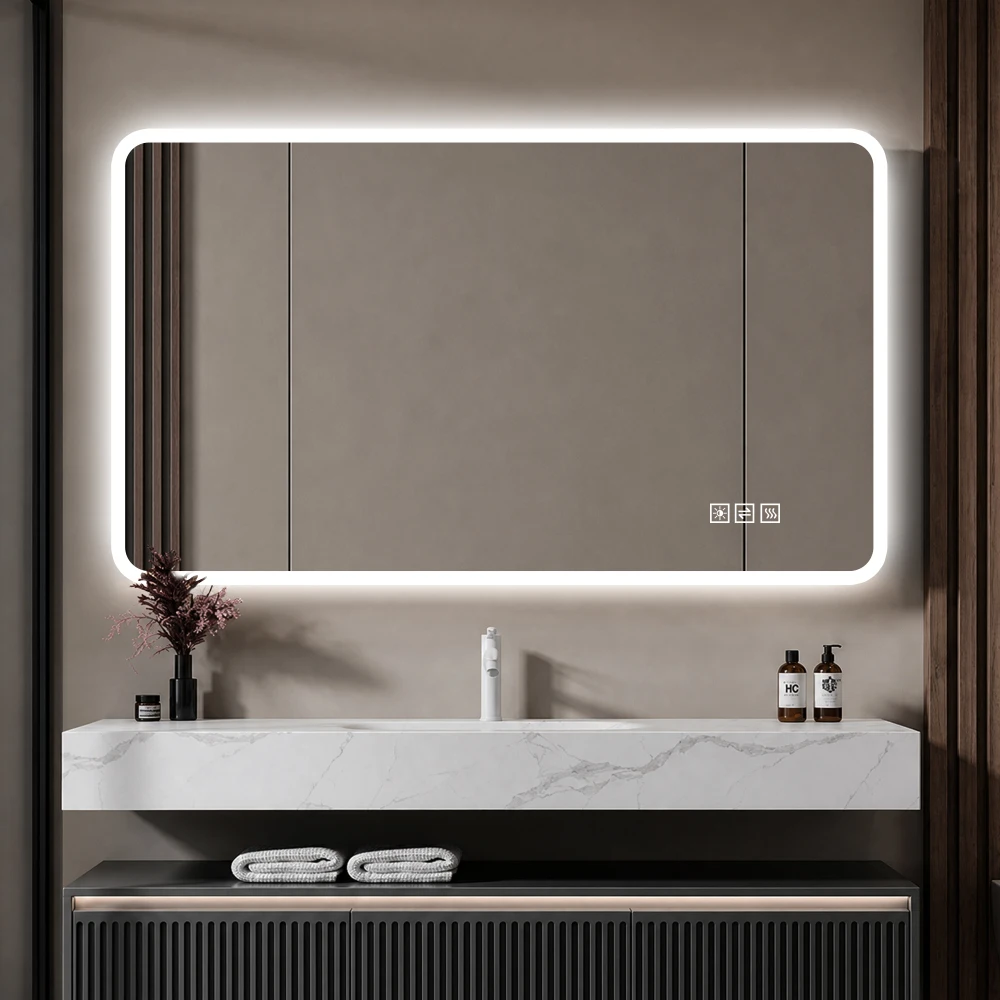 Miroir de salle de bain LED 60×120 cm avec bord en verre givré, éclairage frontal, anti-buée, 3 couleurs de lumière, gradation progressive, fonction mémoire, montable horizontalement et verticalement, étanche IP44