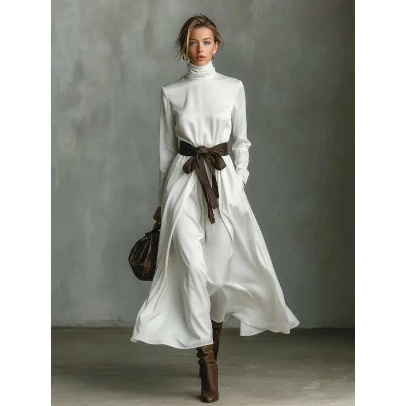 الخريف أنيقة عالية الياقة بلون طويلة الأكمام ألف خط فساتين كبيرة النساء مزاجه عطلة فستان طويل شيك ثوب مسائي