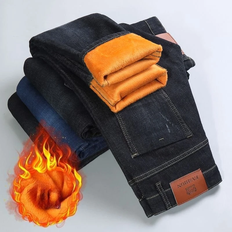 

2025 New Winter Thick Slim Fit Jeans Fleece Warm Velvet Casual Elastic Pants Classic Business Washing Trousers Male Clothing