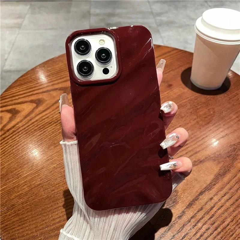 Ins Caramel Pleats Case Compatible For IPhone 16 15 11 13 14 12 Pro Max 7 8 Plus SE 2020 3D Wavy Grain Simple Solid Color Cover