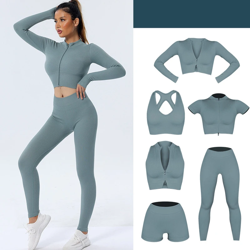 NORMOV Zipper Gym Set 1/2/3 PCS Yoga Sets Seamless Workout Suit Sport Suit Sexy Short Long  Tops High Waist Legging Shorts