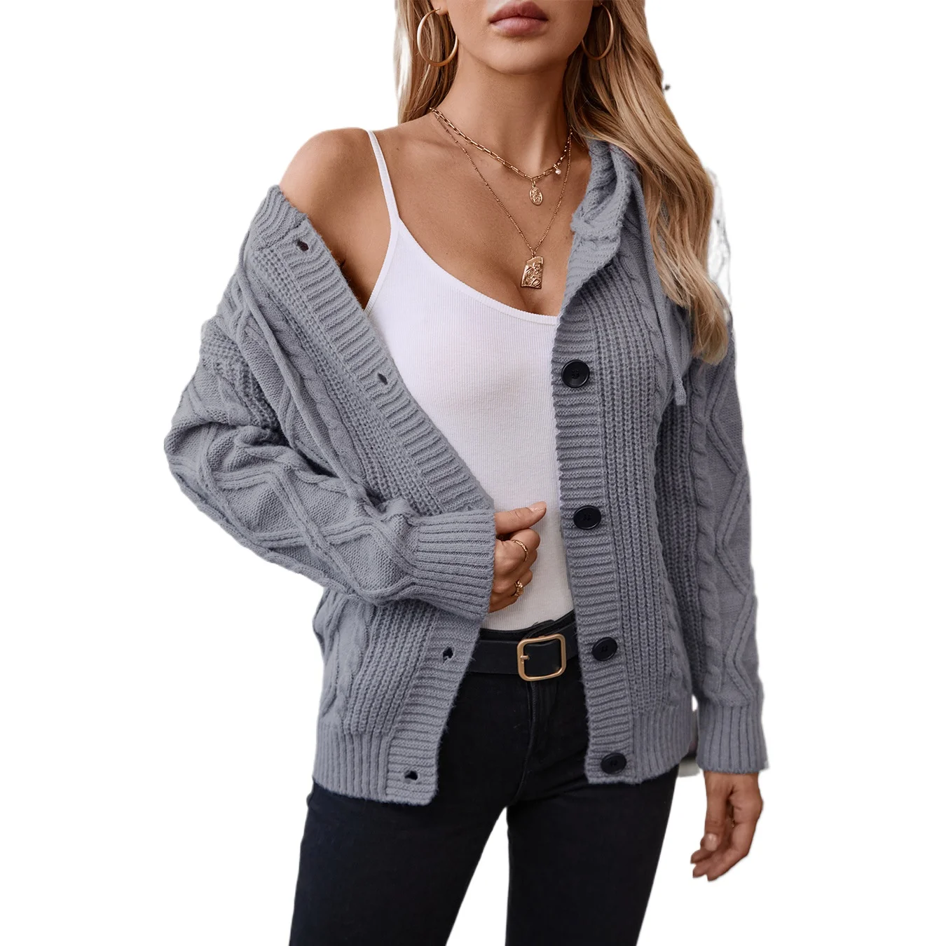 Hooded drawstring knitted cardigan autumn and winter new European and American  sweater women's solid color medium and long coat