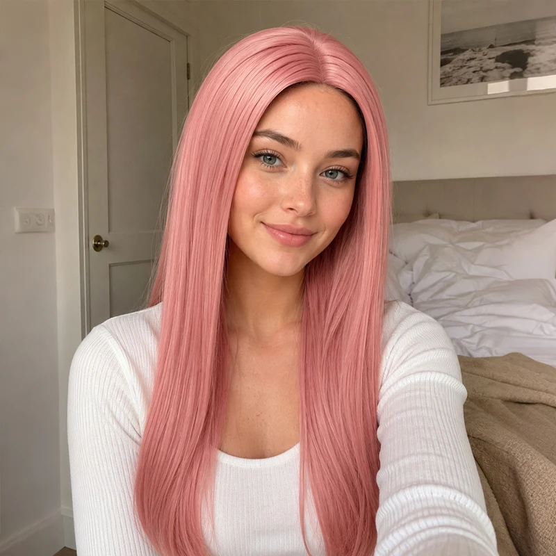 28-inch synthetic pink wig for women, stylish, elegant, soft and smooth, suitable for all women's music festival looks.