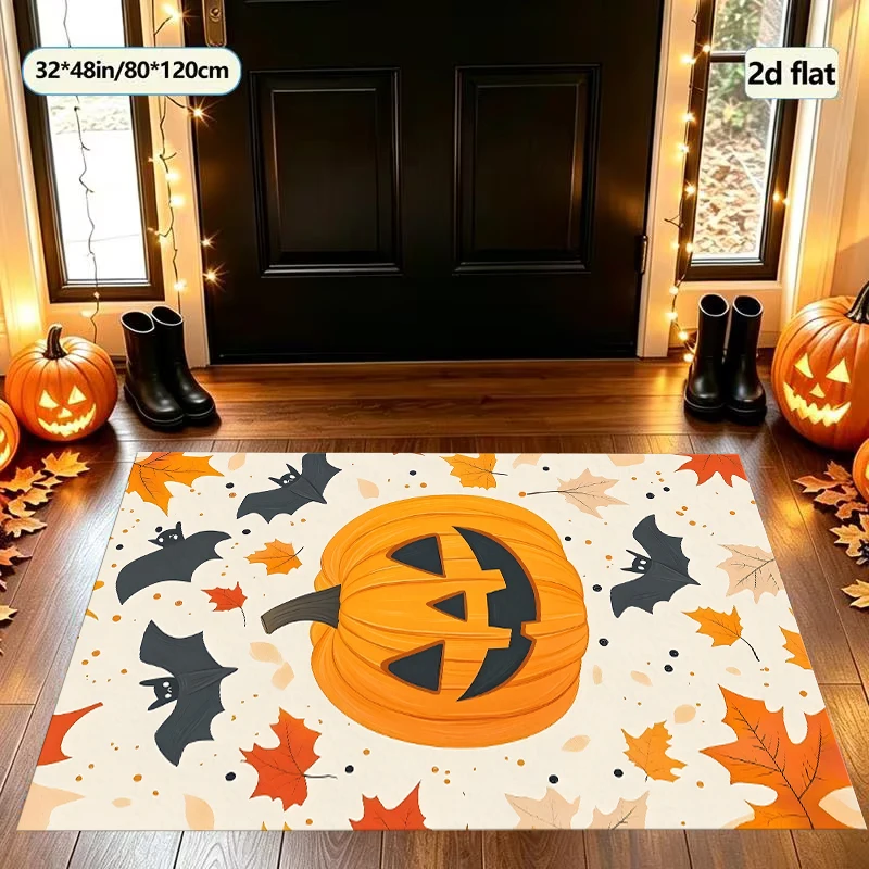Pumpkin Black Cat Ghost Halloween Cute Velvet Area Rug, for Living Room Bedroom Entryway, Autumn Winter