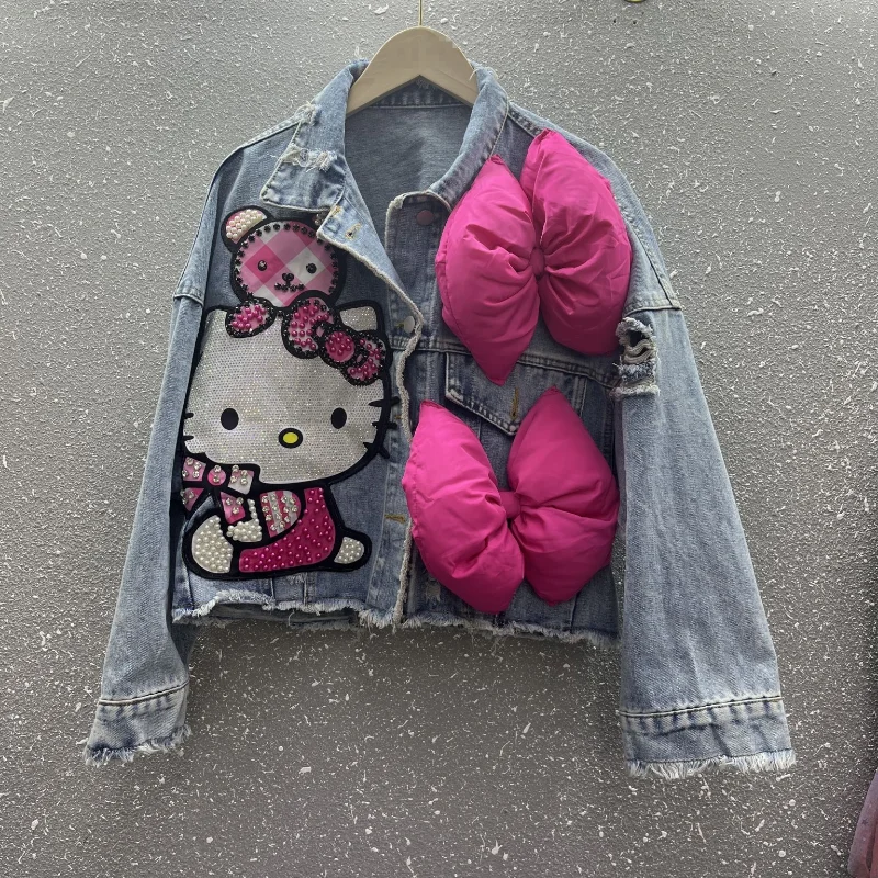 Sanrio Hello Kitty Women's Short Loose Denim Coat New Cartoon Studded Sequin Bowknot Denim Jacket Spring Autumn 2024 Girls Gifts