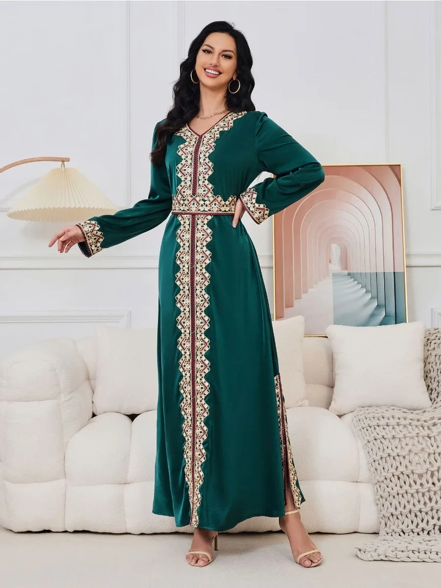 Eid Embroidery Arab Muslim Party Dress for Women Abaya Jalabiya Long Dresses Belted Kaftan Vestidos Dubai Ramadan Gown Robe