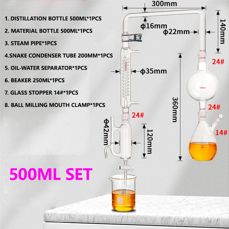1 piece 500ml set essential oil hydrosol extraction device condenser steam separation glass instrument
