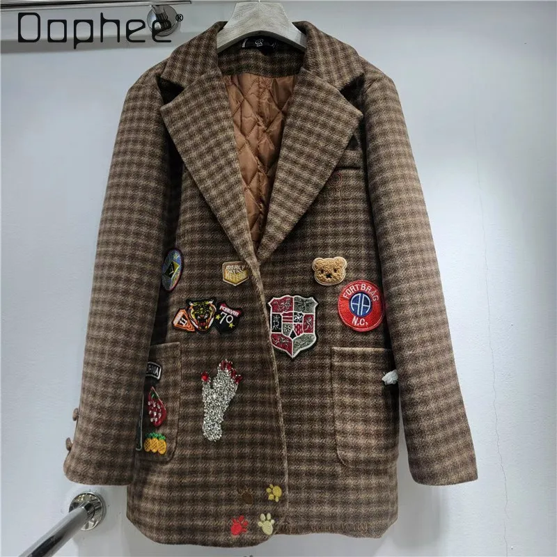 

2025 Autumn Winter New Women's Fashion Casual Versatile Plaid Embroidered Turn-Down Collar Long Sleeve Loose Coat Trendy Top