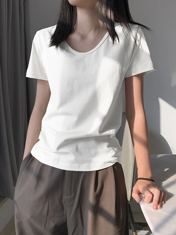 

Loose Basic White ort Sve V-Ne T-irt Women's Summer Thin New Low Ne U-Ne Underwear Korean Sle Commute Wind