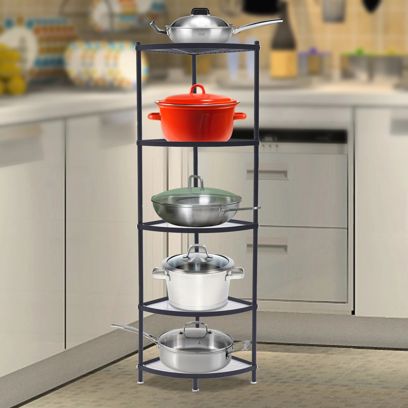 

5 Tier Home Kitchen Storage Shelves Metal Corner Shelf Pot Rack Stand, Rust Resistant, Pot Rack Storage Organizer Space Saving