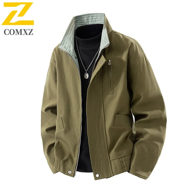 

COMXZ 2025 Men Waterproof Stand Collar Jacket Autumn Loose Fit Durable Breathable Outdoor Hiking Tactics lightweight windbreaker