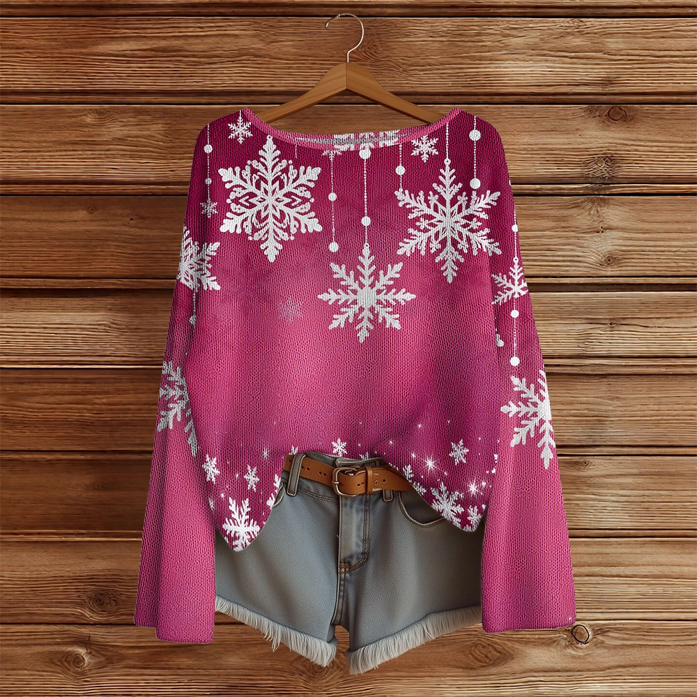 

Женский повседневный вязаный пуловер с принтом снежинок, свитера с круглым вырезом и длинными рукавами, свободный свитер, модные уличные джемперы, топы