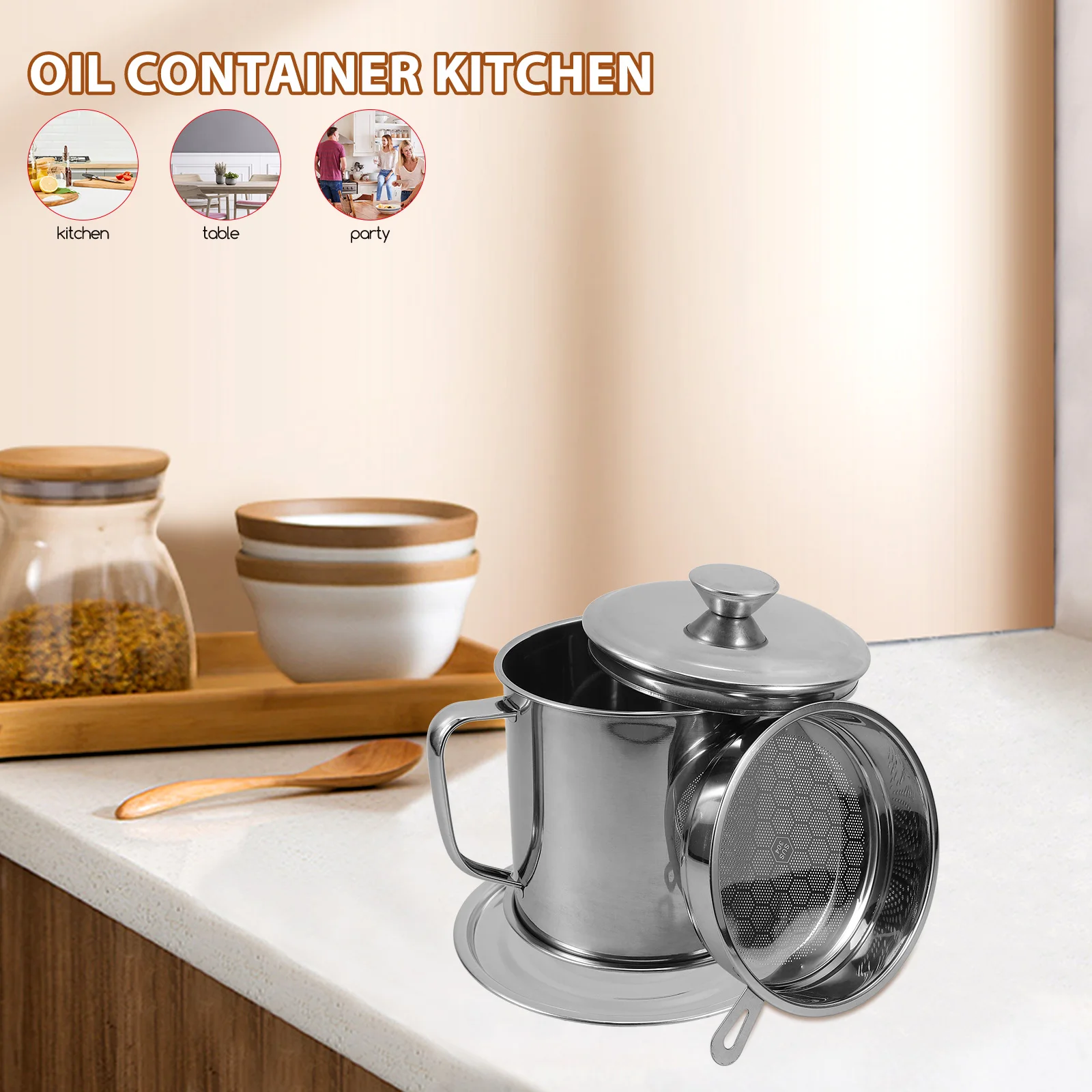 

Stainless Steel Oil Container with Handle Anti Scalding Strainer Pot for Kitchen Use Filter Oil Pot Bacon Fat Container