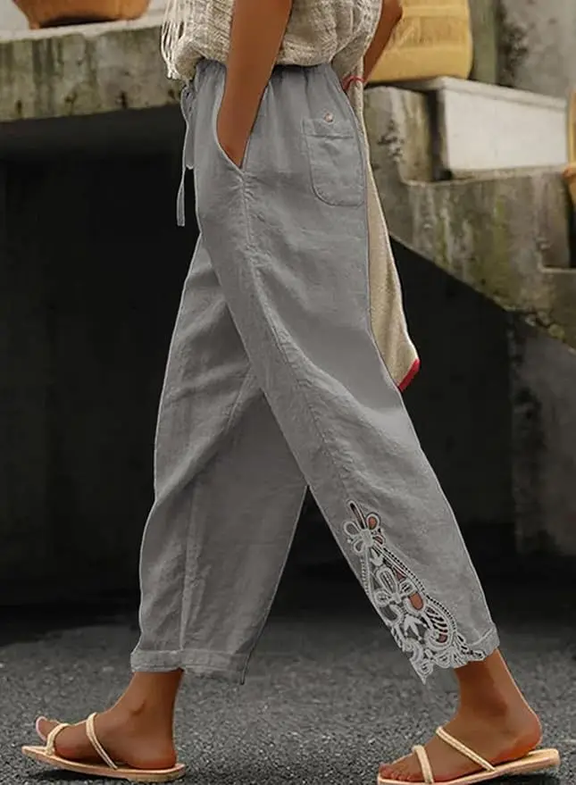 2026 Women's Pants Elastic Waist Solid Color Lace Spliced Drawstring Pocket Simple Fashion Basic Casual 9-point Pants