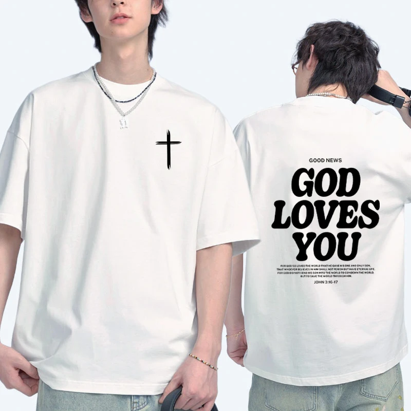

Christian Jesus Church Bible Verse God Loves You printed short sleeve T-shirts Fashion Oversized Casual Tops Unisex Streetwear