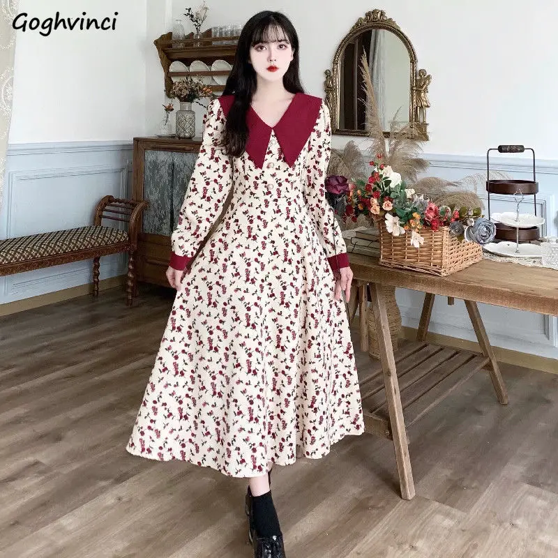 

Long Sleeve Dress Women Floral Panelled Peter Pan Collar Elegant All-match Leisure College Japanese Style Female Cozy Vestido