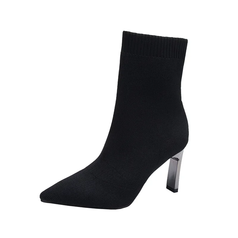 Metal Blade Heels Socks Boots Women Stretch Fabric Elastic Stilettos Heel Pointed Toe Ankle Boots Shoes Woman Boats2021