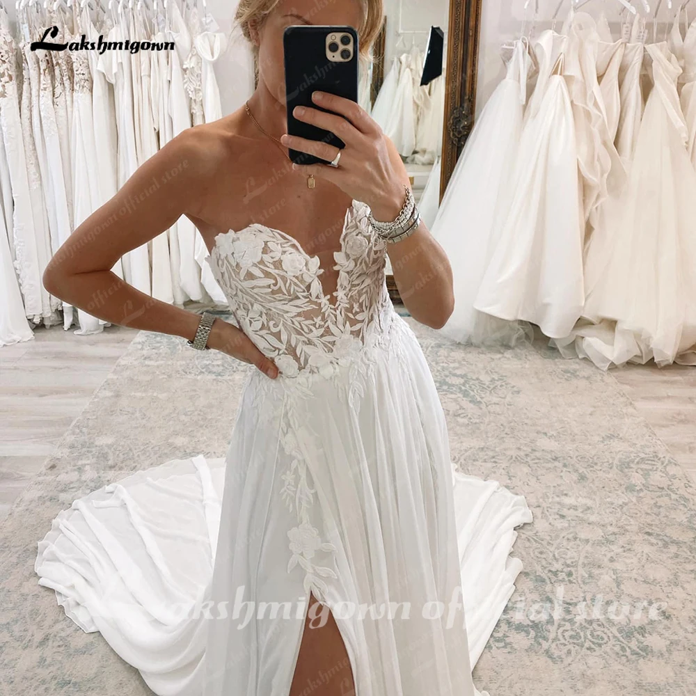 Lakshmigown renda chiffon uma linha boho vestido de casamento querida sem costas apliques varredura vestido de noiva abito da spos personalizado