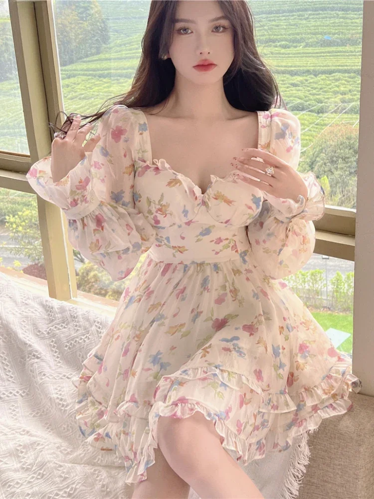 Summer Sweet V-Neck Floral Chiffon Dress Women Elegant Long Sleeve Ruffles Party Mini Dresses Female Korean Chic Slim Vestidos