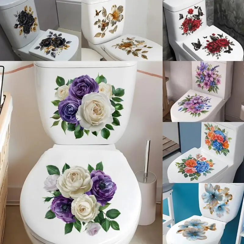 2 Sheets/SET  Rose Floral Toilet Stickers, Removable Waterproof Bathroom Toilet Seat Decals, Toilet Lid Decor For Bathroom Reno