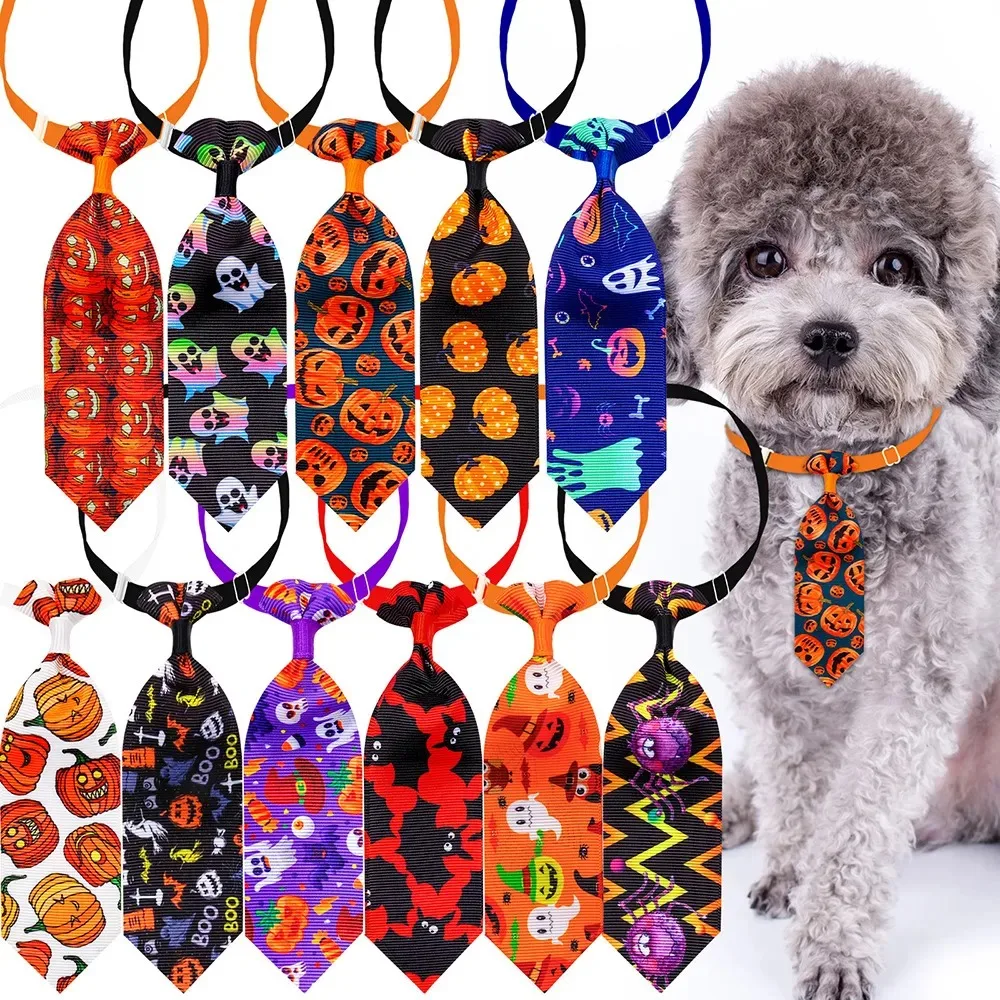 Pet Dog Tie Halloween Costume Adjustable Bow Tie for Dogs and Cats Halloween Pumpkin Print Fun Tie Pet Dog Grooming Accessories