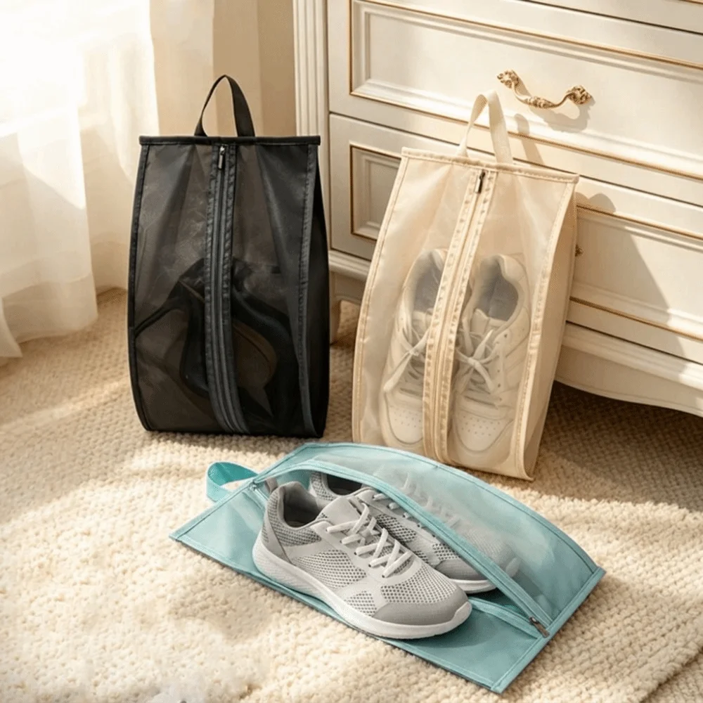 Portable Travel Shoes Bag Breathable Mesh Dustproof Shoe Storage Pouch Moistureproof Carry Handle Shoes Organizer Travel Packing