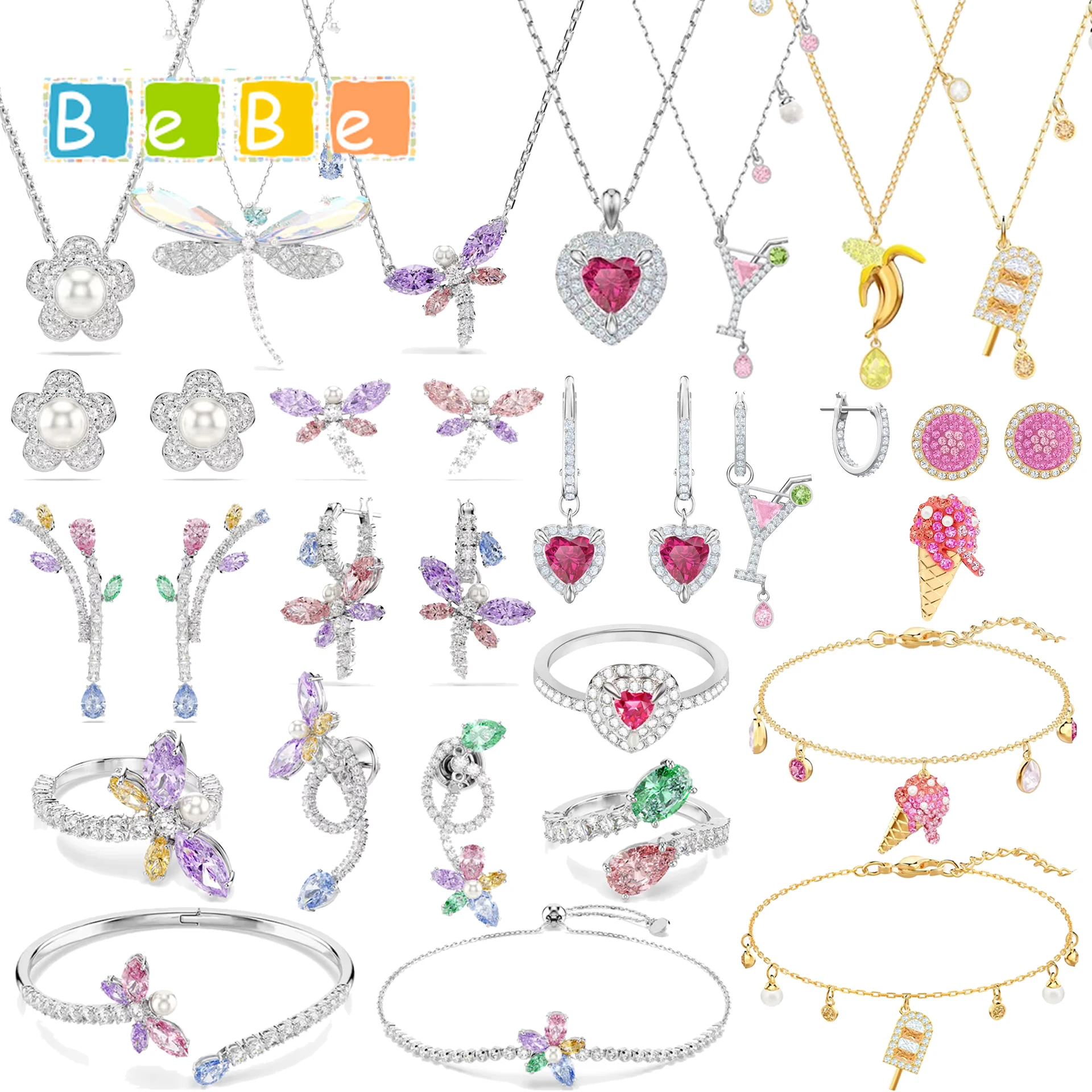 High Quality 2026 New Anniversary Jewelry Set Charming Pink Heart Shaped Purple Dragonfly Crystal Women's Necklace Ring Earrings