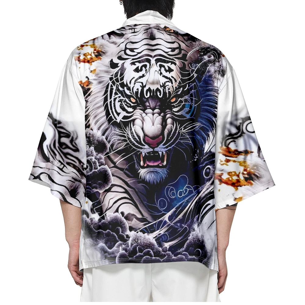 أنيمي الأبيض النمر طباعة ثوب الكيمونو الياباني الشارع الشهير الرجال النساء سترة Haori التقليدية شاطئ يوكاتا الملابس المتضخم