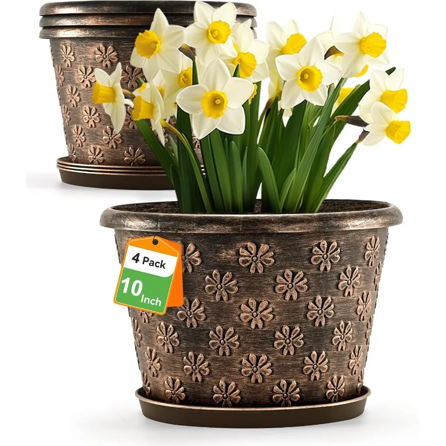10 Inch Planter Pots for Plants 4 Pack Plastic Large Flower Pots Indoor Outdoor Resin Plant Pot with Drainage Saucer Retro Drat