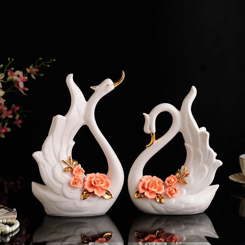 2PCS Swan Statue Pretty Creative Swan Sculpture Figurines Ceramic Crafts Art Home Decoration Accessories1 Pair Wedding Gift