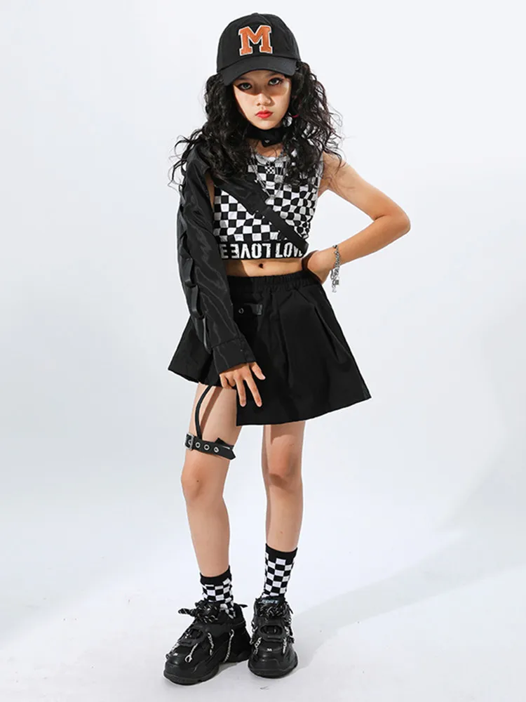 Tiener Meisjes Hip Hop Plaid Crop Top Zwarte Rok Kinderen Streetwear Cool Kleding Sets Street Dance T-shirt Kids Jazz Kostuums