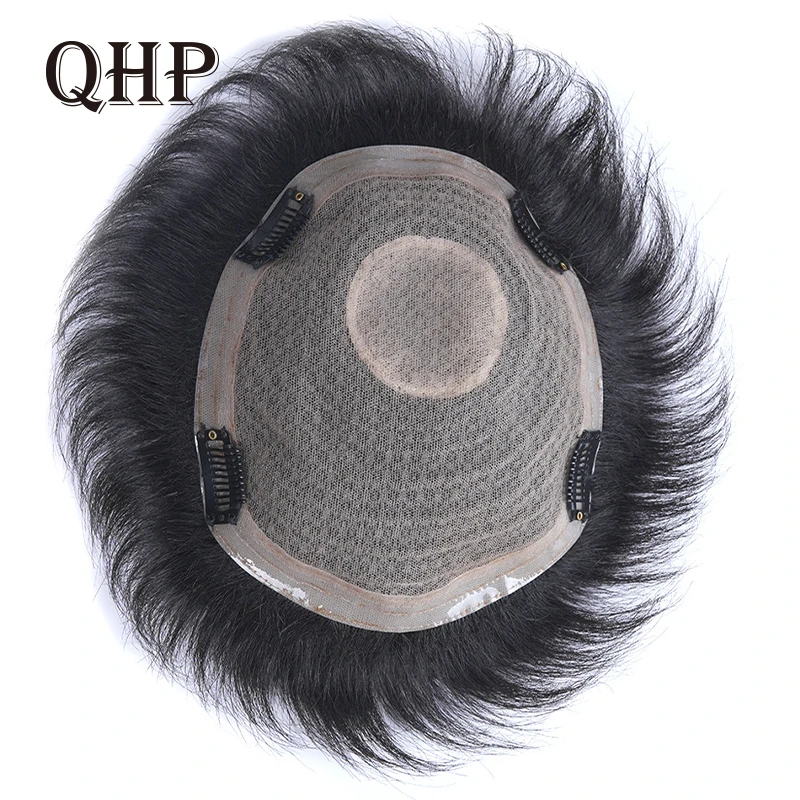 QHP Men Human Hair Toupee Swiss Lace Men\'s Wig Durable Capillary Prosthesis Handmade Indian Human Hair Clips Replacement System