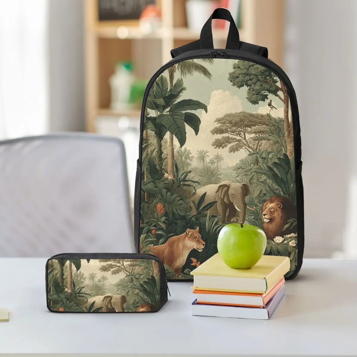 African Savanna Wildlife Theme Backpack Student BookBag School Bag Shoulder Bags 3ps Insulated Lunch Bag Pencil Case