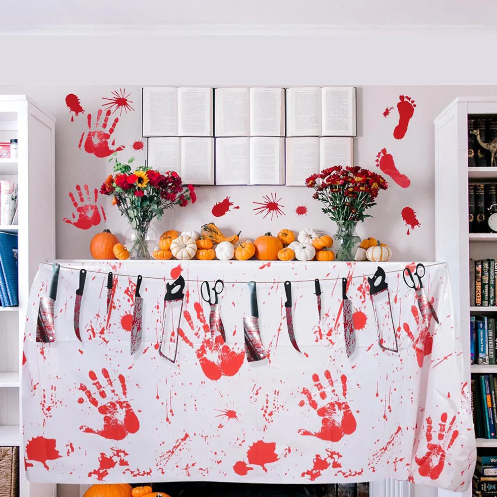 Halloween Bloody Hands Pattern Tablecloth PVC Waterproof Suitable for Party Dinner Table Cover Festive Halloween Tablecloth