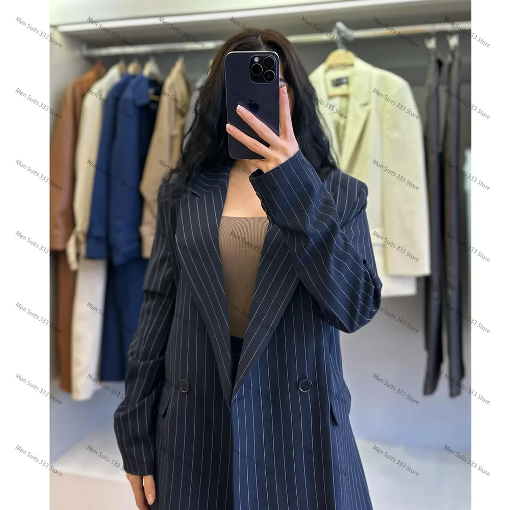 Double Breasted Navy Blue Stripe Suits for Women Tailor Business Office 2 Piece Jacket Pants Sets Blazer Luxury Female Clothing