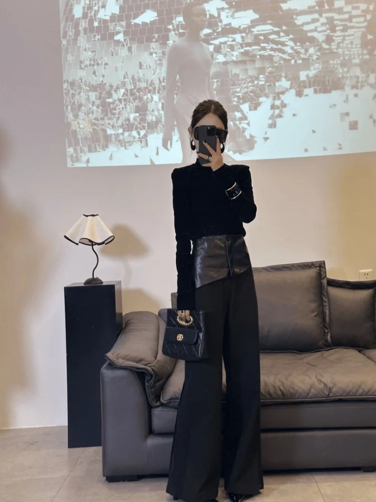 

Стильный уникальный комплект: широкие брюки и рубашка с длинным рукавом для женщин, модный корейский повседневный стиль, износостойкий, с высокой талией, однотонный.